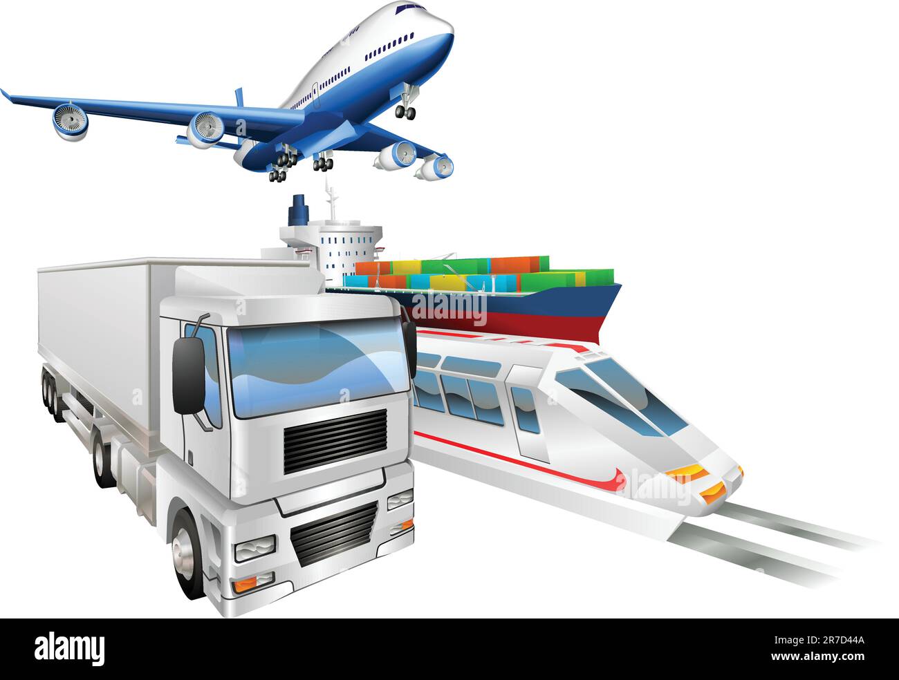 Concept logistique illustration, avion, camion, train et cargo porte-conteneurs. Illustration de Vecteur