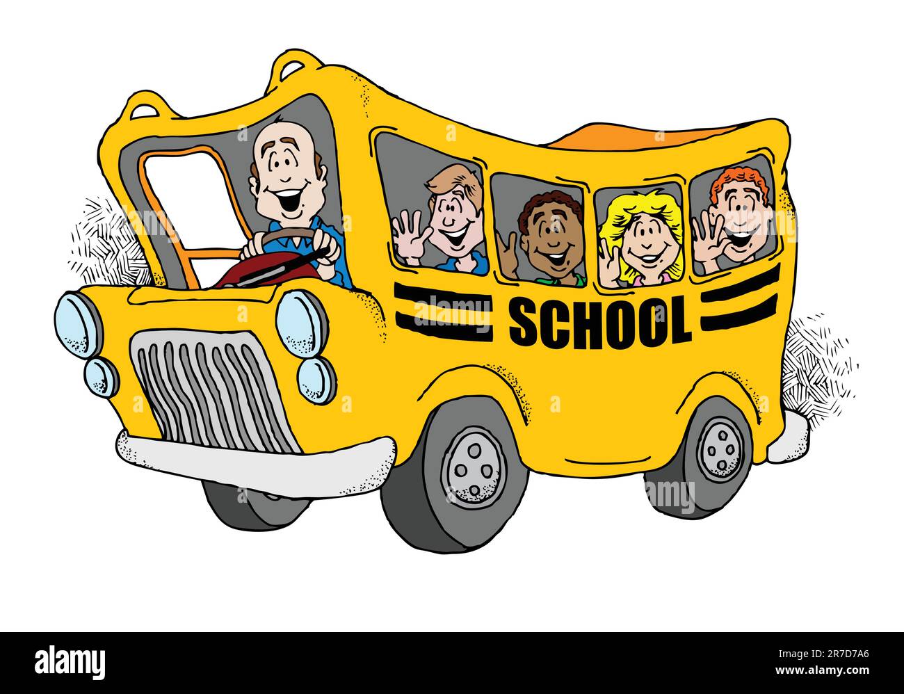 Image de dessin animé d'un autobus scolaire qui ramène un groupe d'enfants à l'école. Illustration de Vecteur