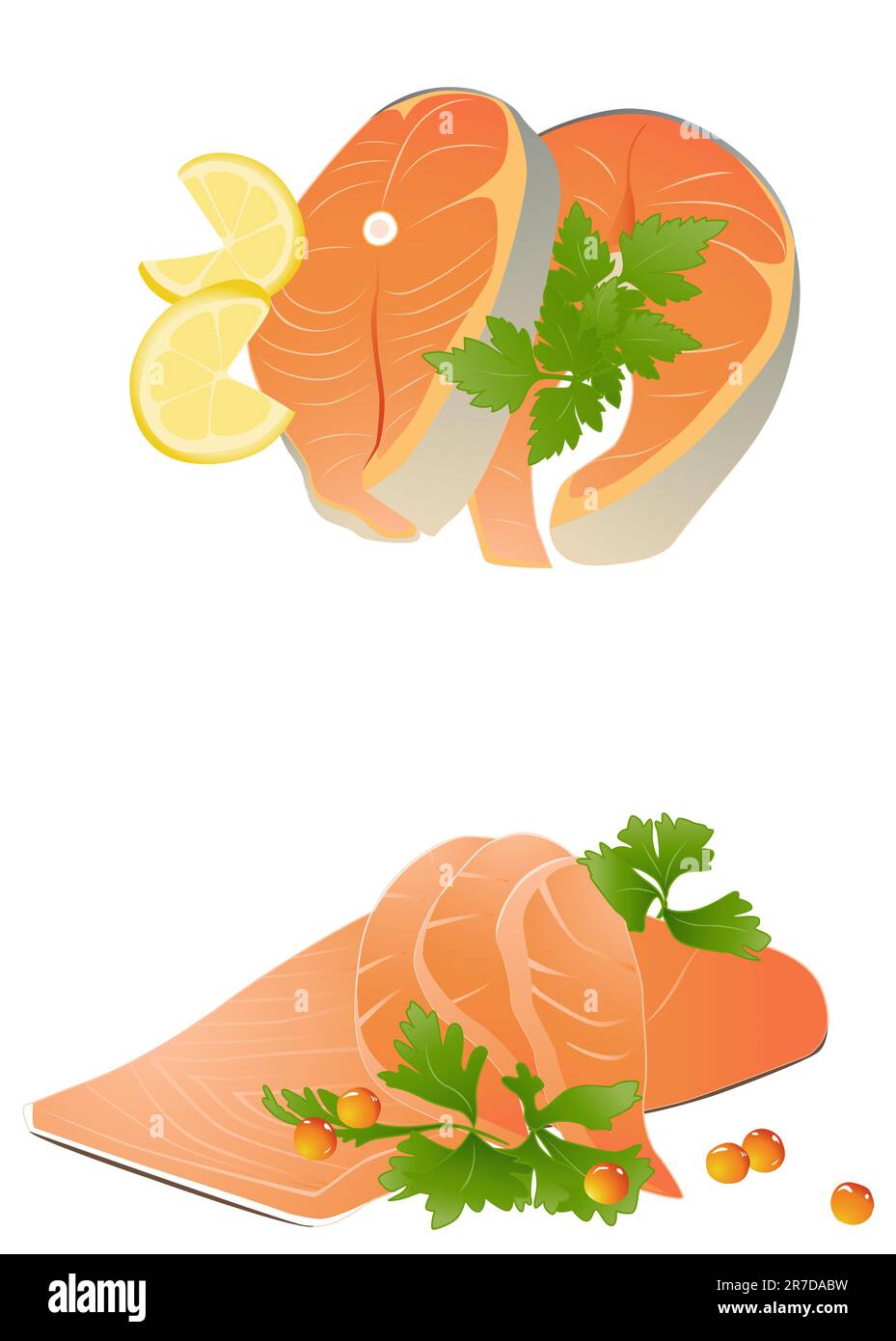 Les morceaux de saumon frais avec du citron sur fond blanc Illustration de Vecteur
