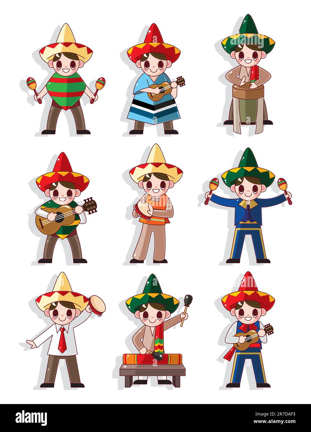 Ensemble d'icônes de groupe musical mexicain de dessin animé Illustration de Vecteur