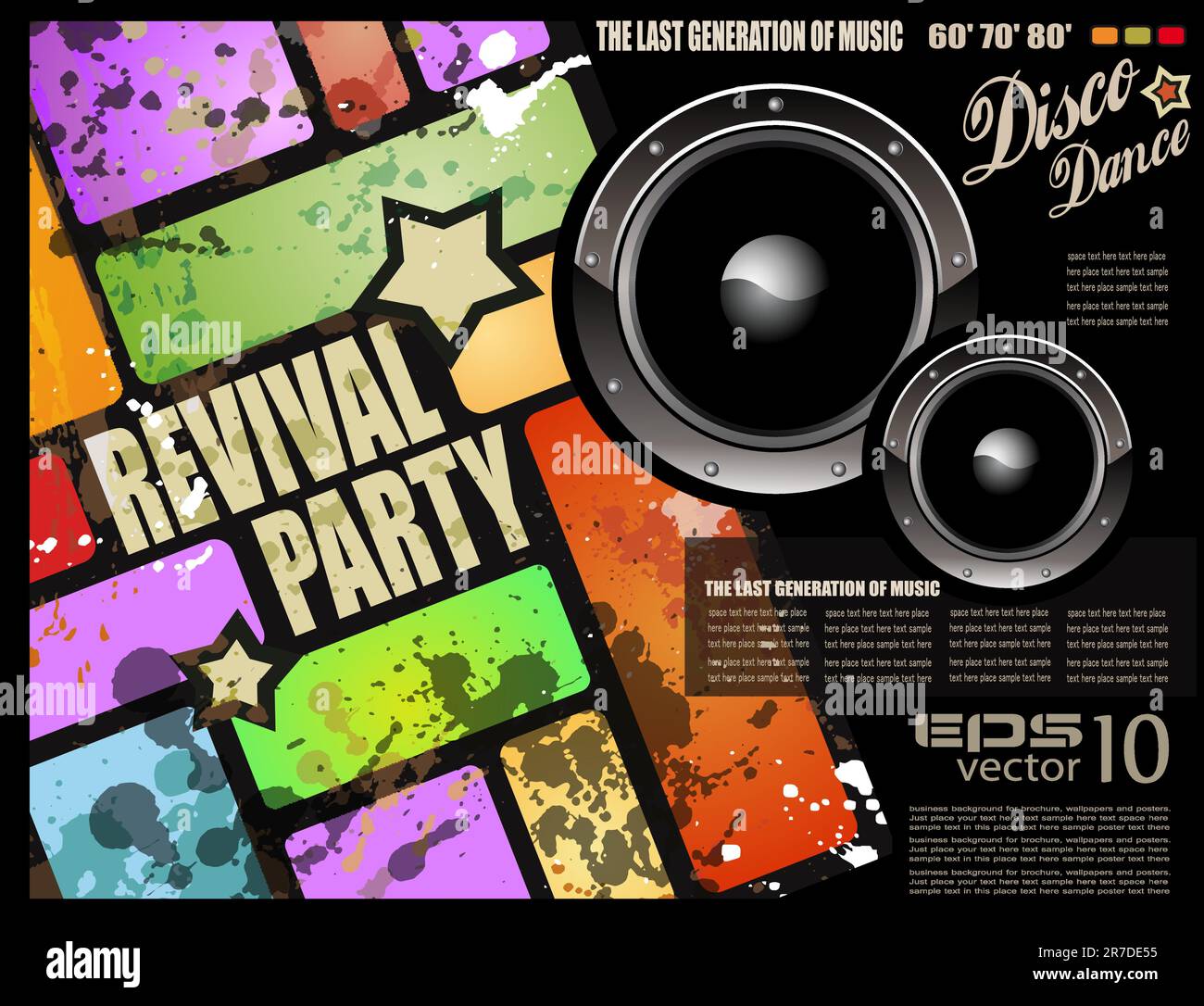 Prospectus ou affiche de soirée disco RETRO' REVISITÉ pour un événement musical de la période 1960/1980 ! Illustration de Vecteur