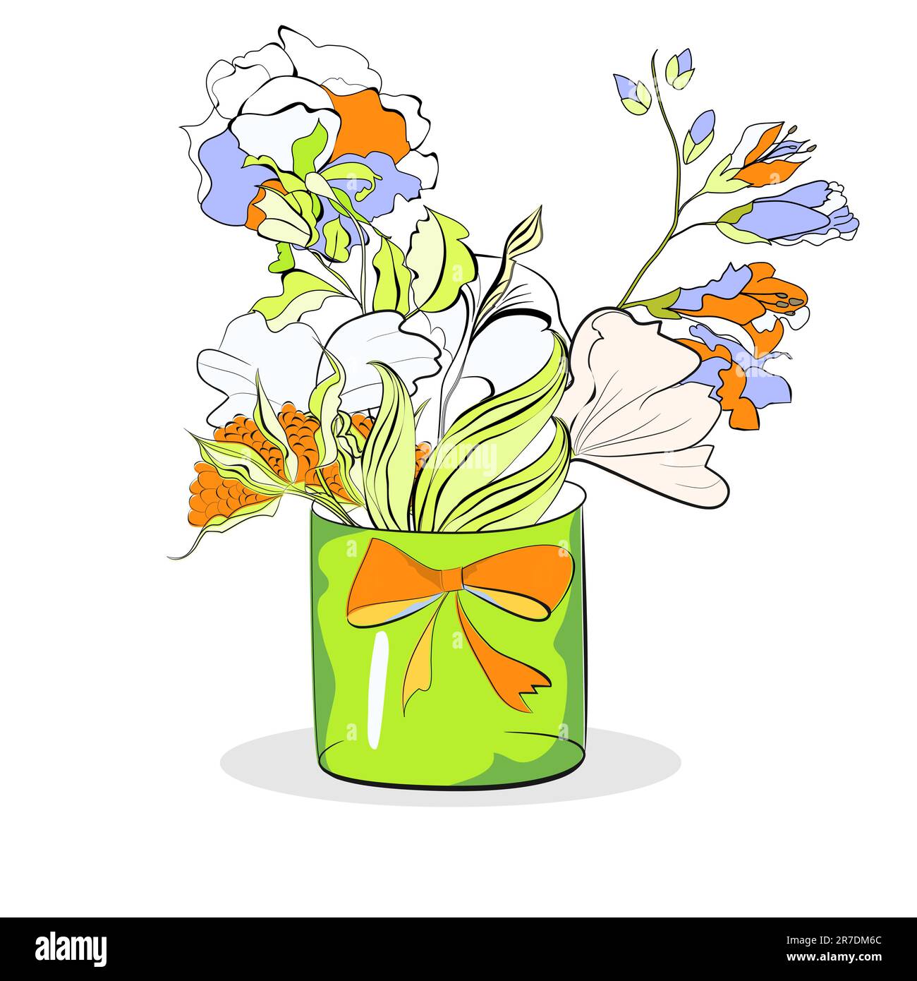 Seau avec fleurs sur blanc Illustration de Vecteur