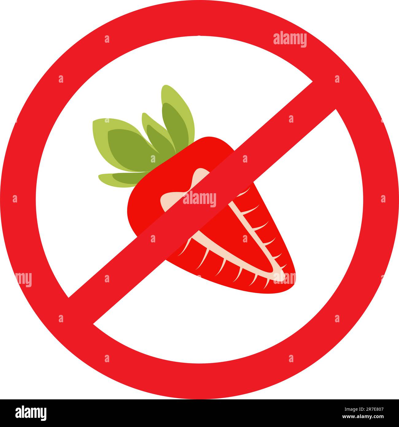 Image abstraite d'une fraise rouge dans des tons tendance sous un panneau d'interdiction. Vecteur. EPS. Autocollant. Icône. Isoler. Design pour pointeur, affiche, bannière, brochures ou cartes, étiquette de prix, étiquette ou emballage Illustration de Vecteur