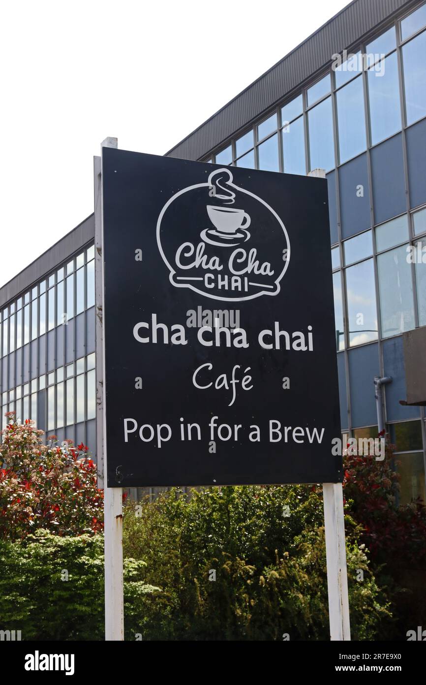 Panneau pour Cha Cha Chai Cafe, Burnley Banque D'Images