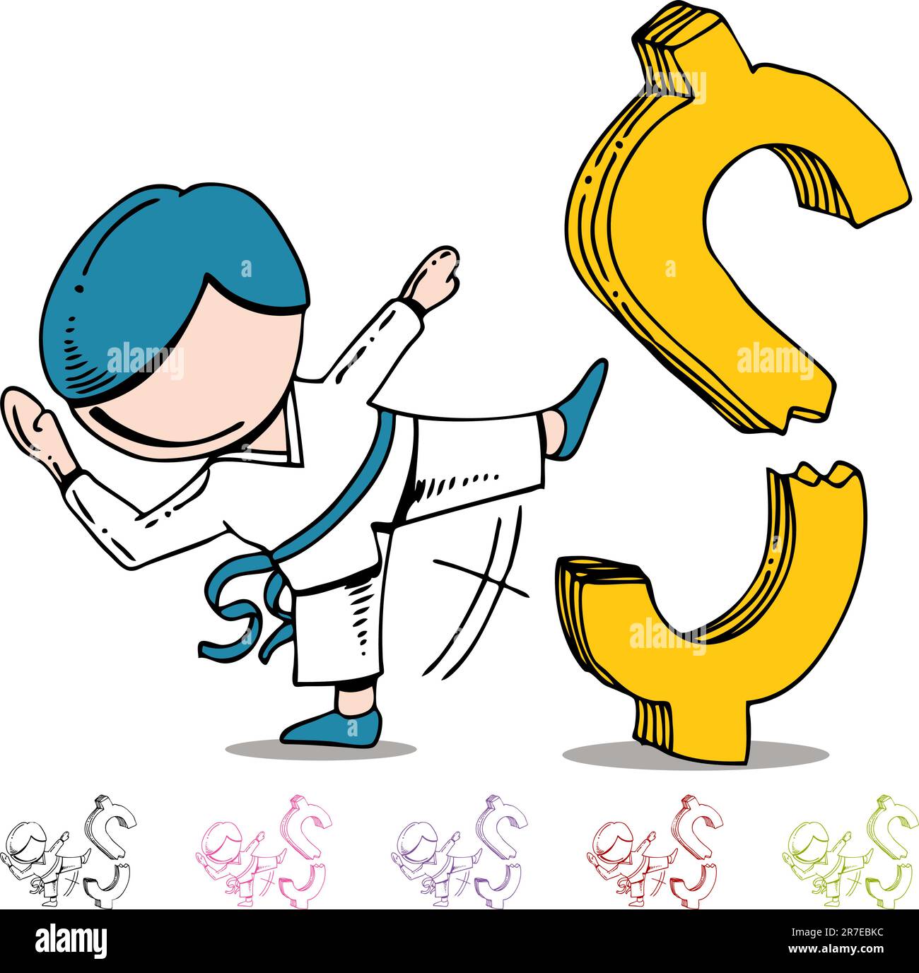 Une image d'un homme d'arts martiaux et des coups de briser un signe dollar. Illustration de Vecteur