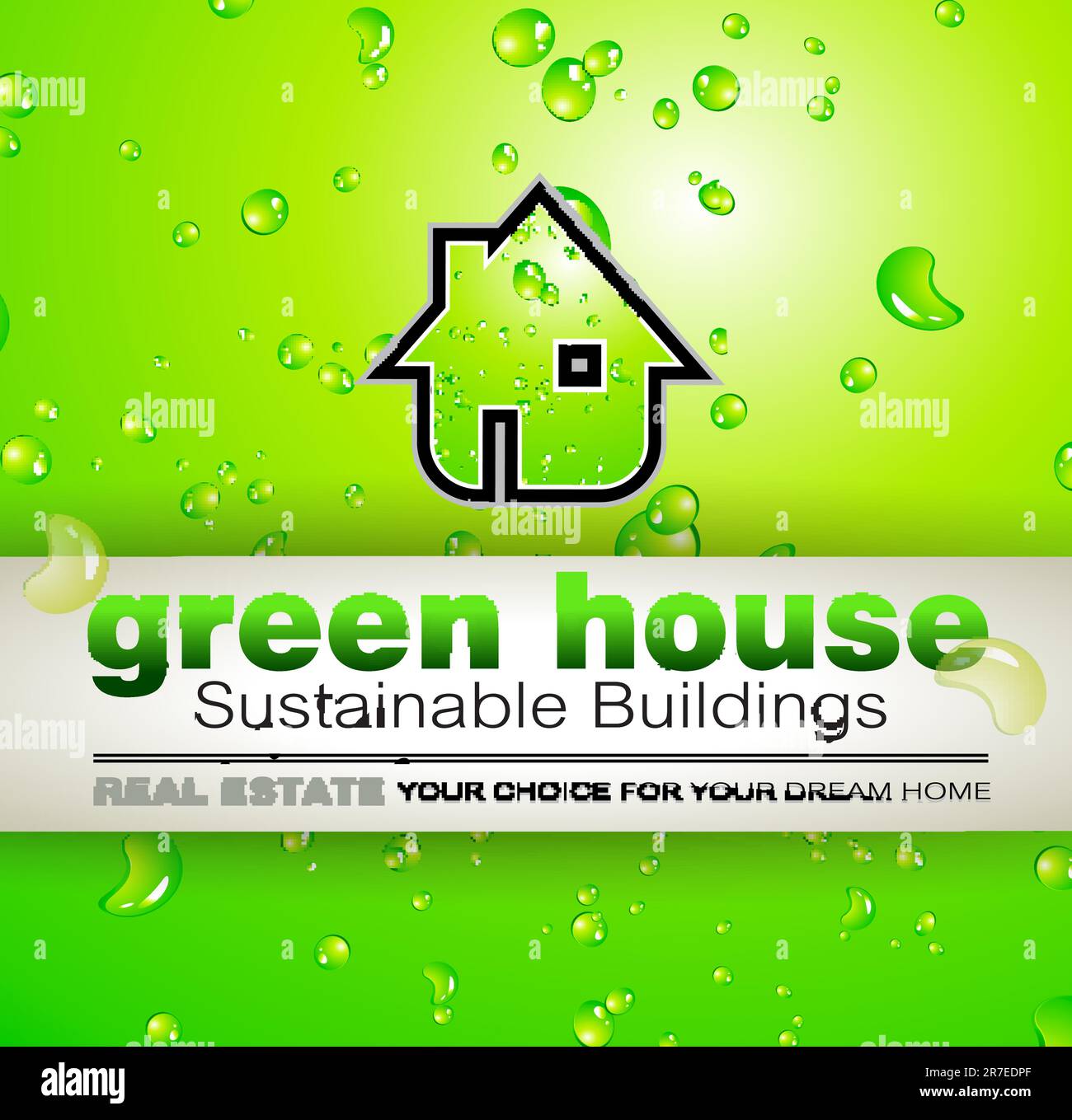 Green Real Estate eau gouttes de fond pour la publicité des bio-maisons disponibles ou des bâtiments écologiques à vendre. L'ombre est transparente. Illustration de Vecteur