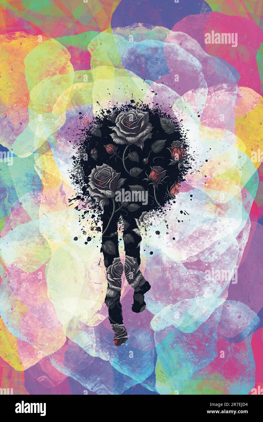 Peinture numérique artistique de l'aérosol noir spray avec les roses de style ancien à l'intérieur, le concept pour le style d'art de transition. Banque D'Images