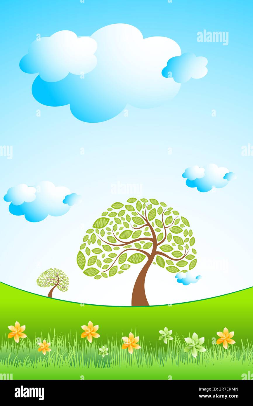 Illustration de scène naturelles avec un arbre ,fleur et papillon Illustration de Vecteur