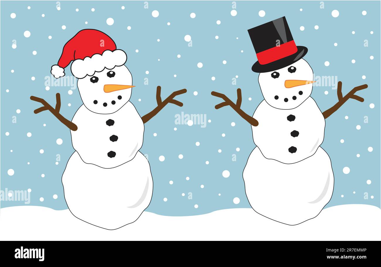 Deux bonhommes de neige souriants portant des chapeaux Illustration de Vecteur