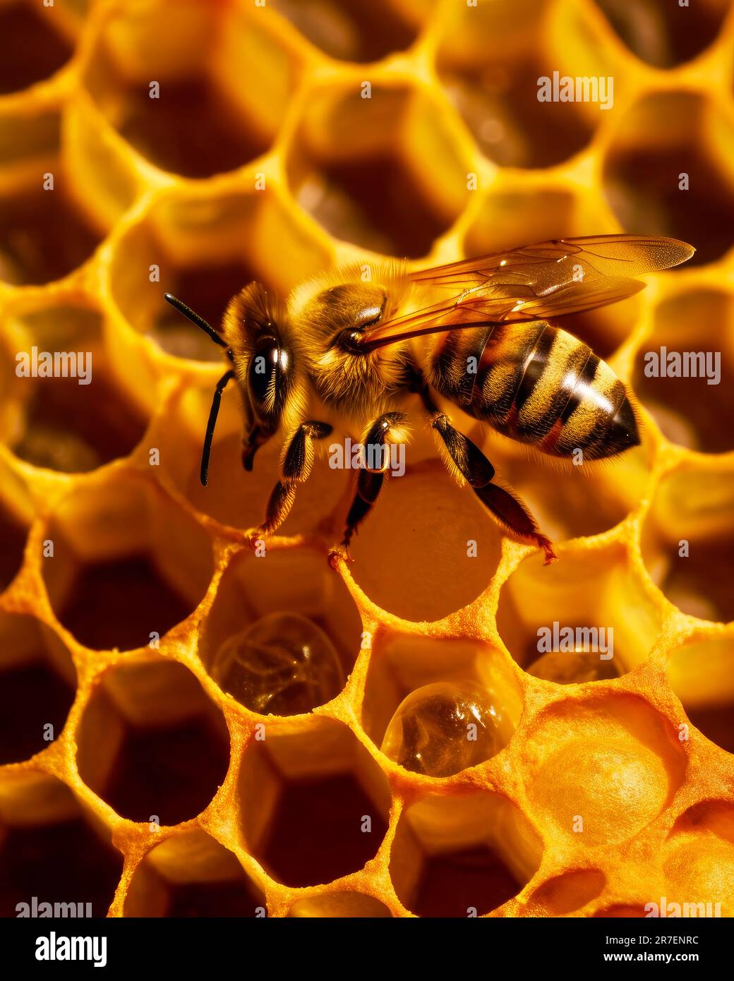 Macro d'une abeille juchée sur un nid d'abeille Banque D'Images