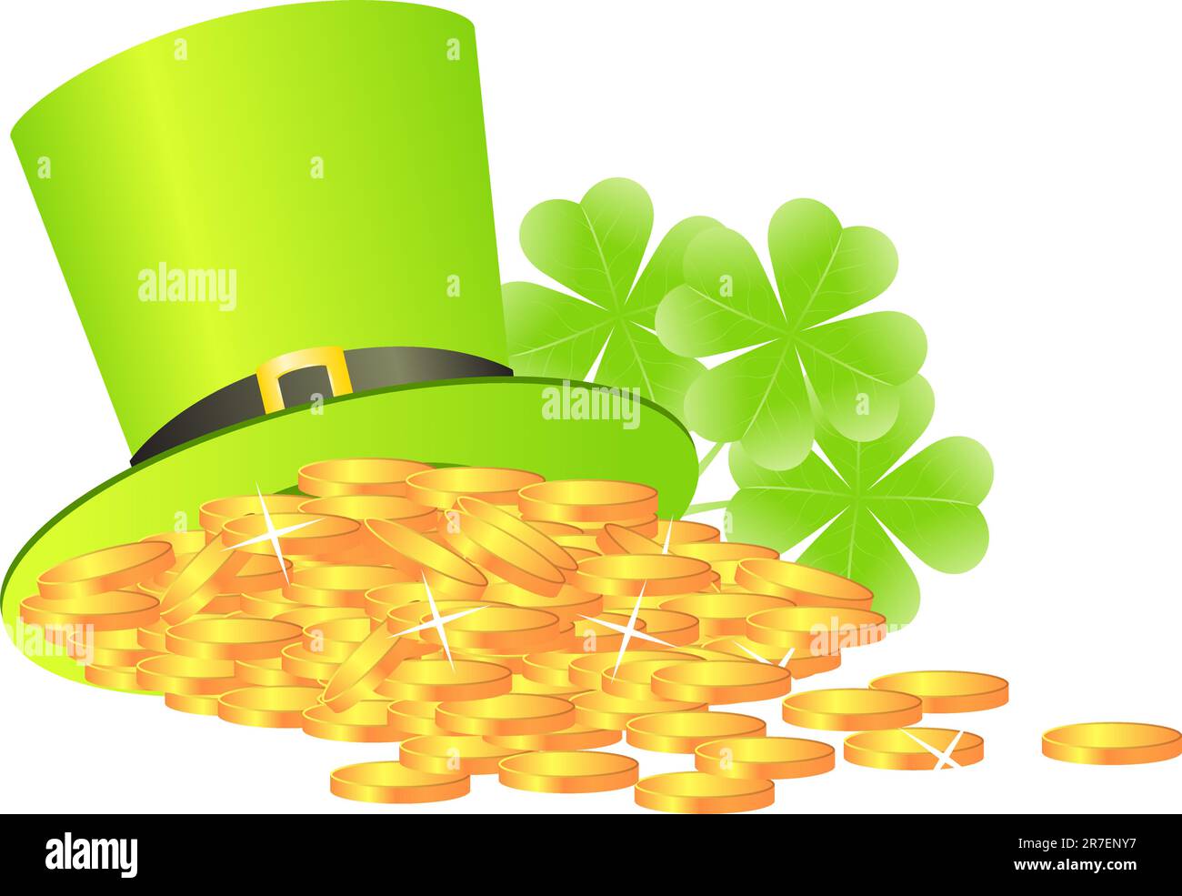 Sainted Patrick's Day's symboles chapeau vert leprechaun avec pièces de monnaie dorées et shamrock Illustration de Vecteur