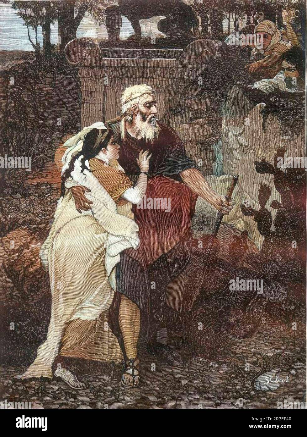 Oedipe et Antigone - la jeune fille aide son vieux pere aveugle une marcher grature d'apres la peinture de Josephe Stallaert - (le roi de Thèbes Oedipus avec sa fille Antigone) Banque D'Images