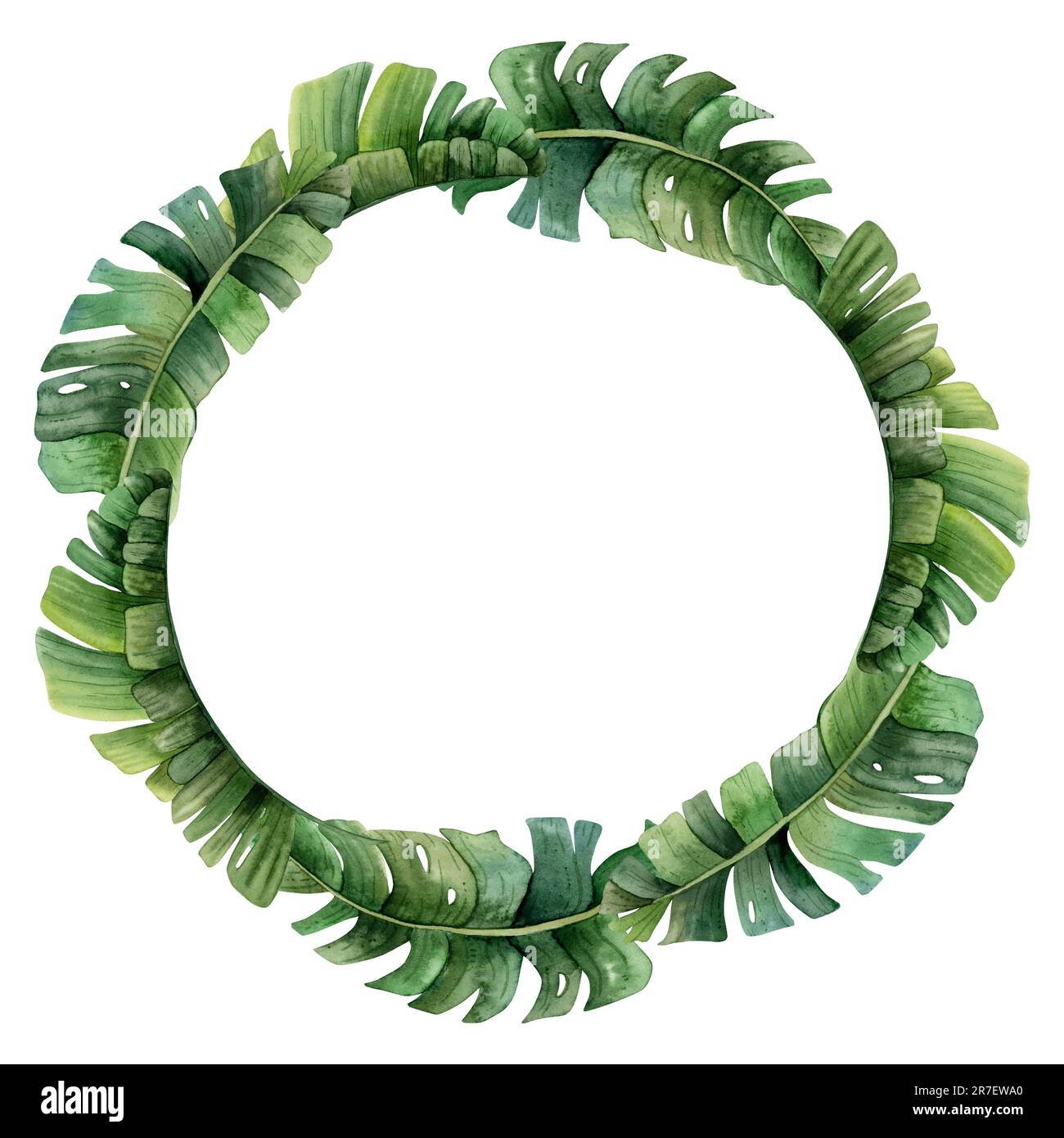 Motif de feuilles de palmier tropical à cadre rond couronne aquarelle pour les autocollants de remerciement Banque D'Images
