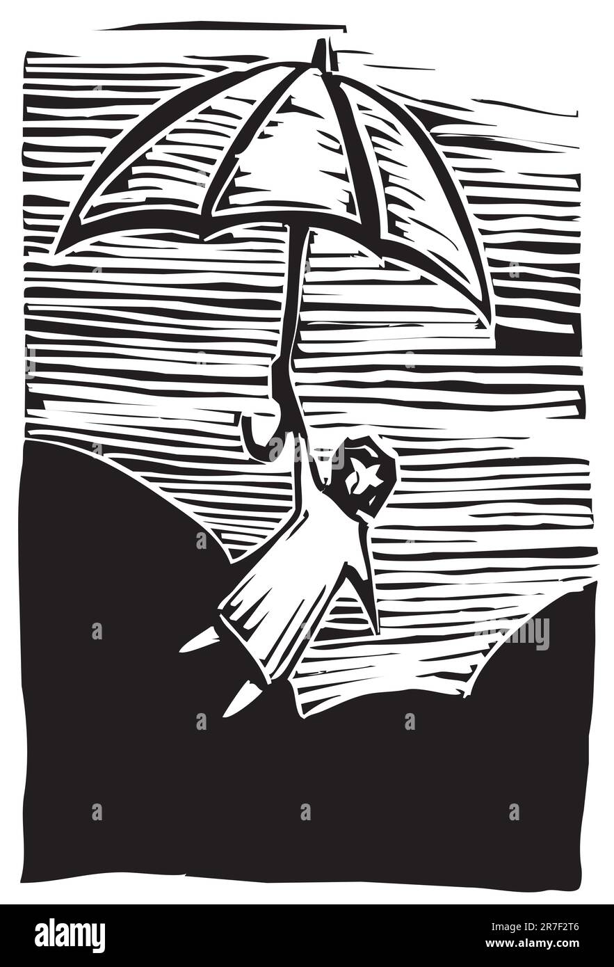 Woodcut personne tient un parapluie volant par l'air. Illustration de Vecteur