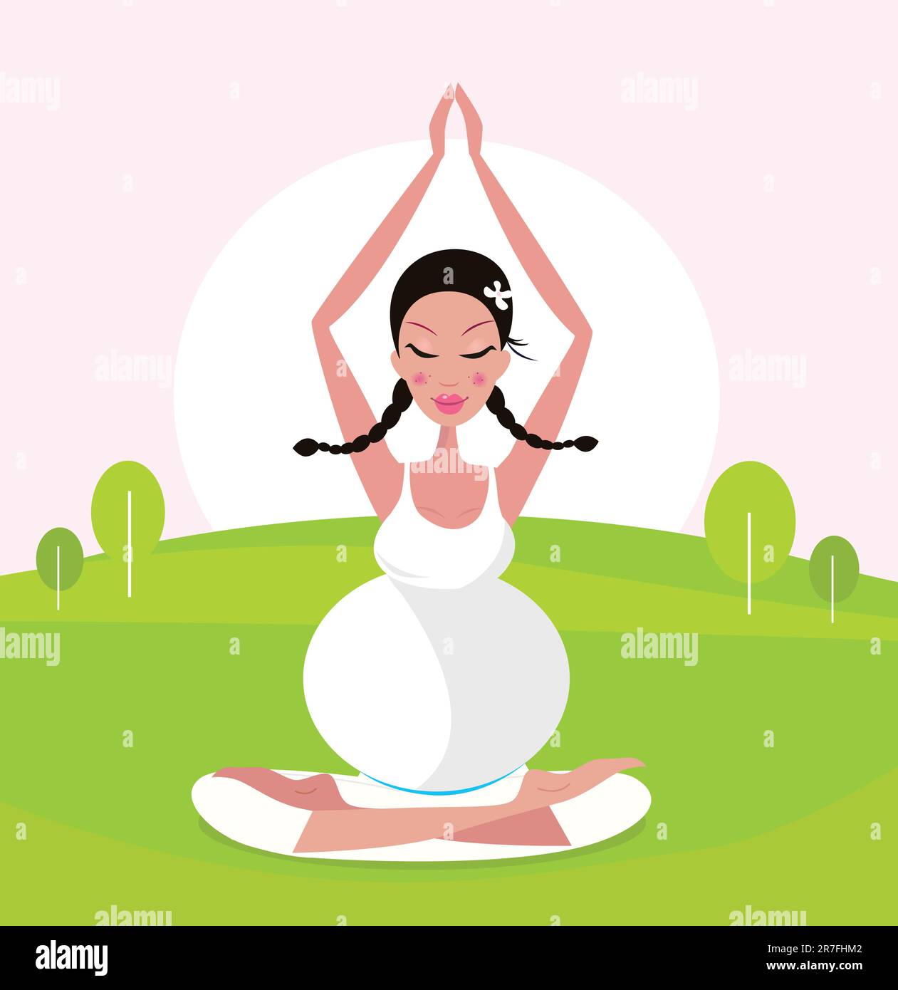 Femme enceinte relaxante en robe blanche méditant / pratiquant le yoga dans la nature. Illustration vectorielle. Illustration de Vecteur