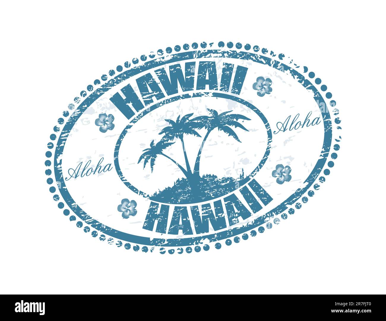 Timbre en caoutchouc bleu avec la forme des paumes et le nom des îles Hawaii inscrit à l'intérieur du timbre Illustration de Vecteur