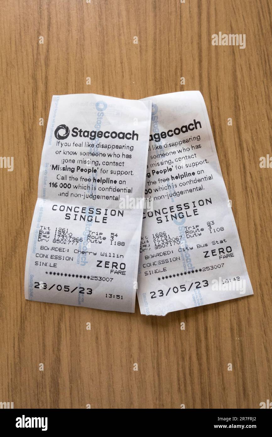 Deux billets de bus pour la concession Stagecoach Banque D'Images