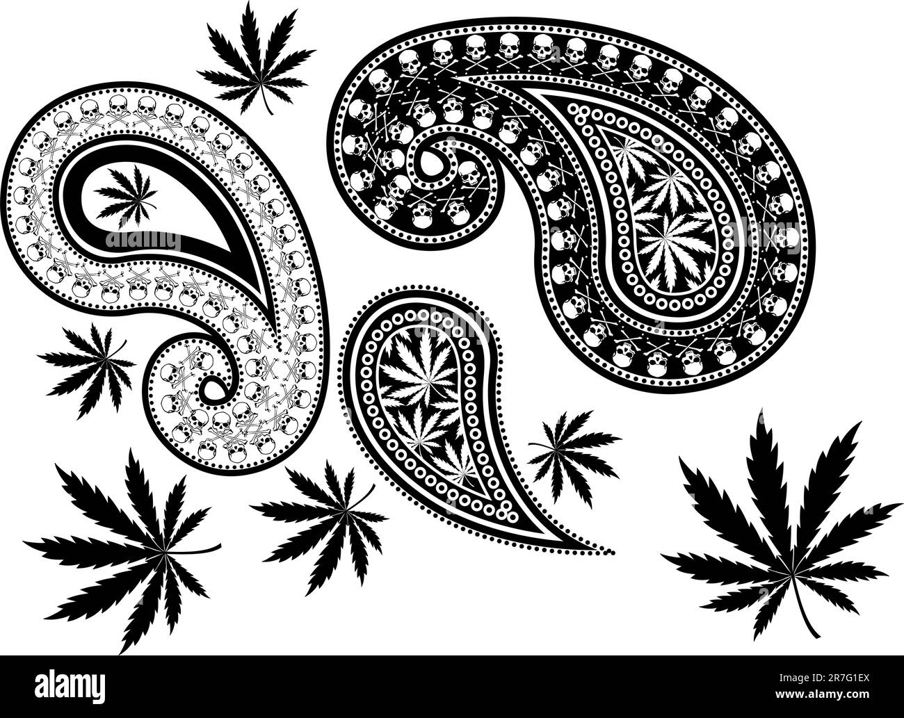 motif cachemire frais avec os croisés crâne et feuilles de cannabis en format vectoriel, objets individuels Illustration de Vecteur