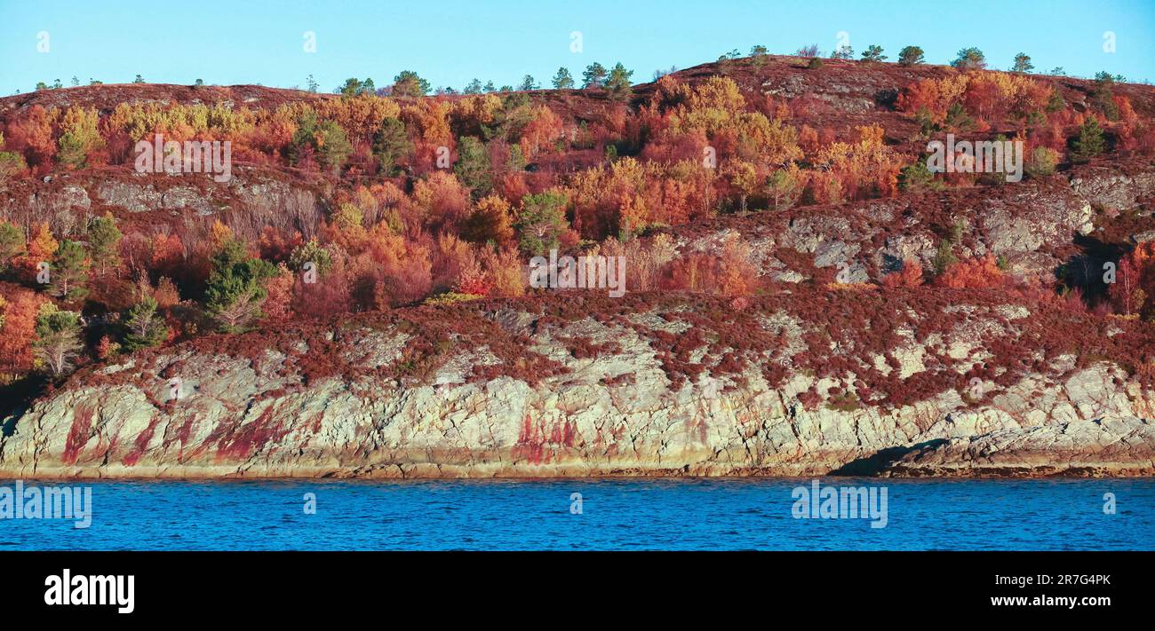 Côte des Rocheuses, un jour d'automne ensoleillé, photo panoramique. Automne paysage norvégien Banque D'Images