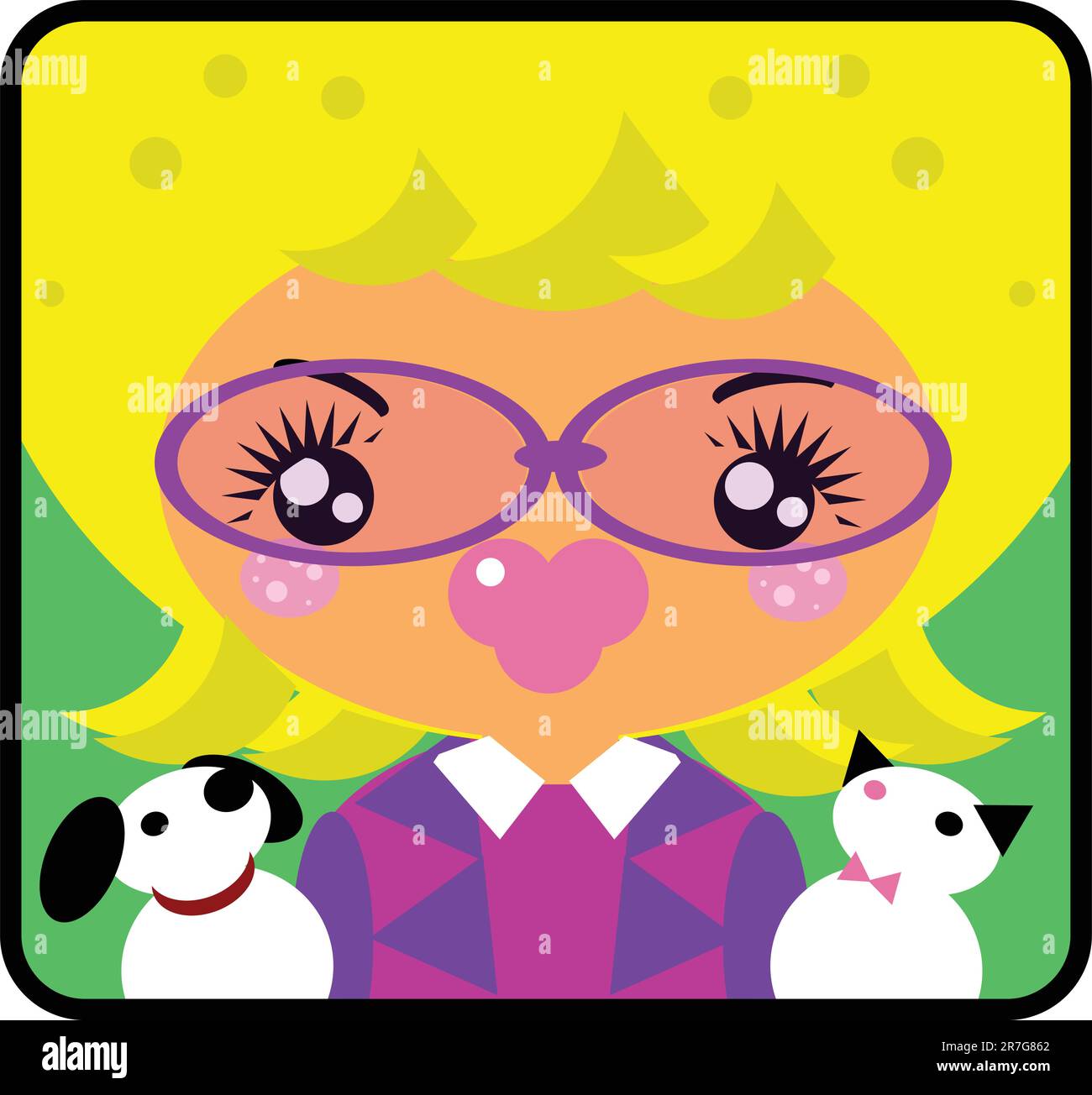 Adorable fille avec emblème de chien et de chat, icône. Animaux de compagnie et femme de la grande collection d'étiquettes pour enfants Illustration de Vecteur