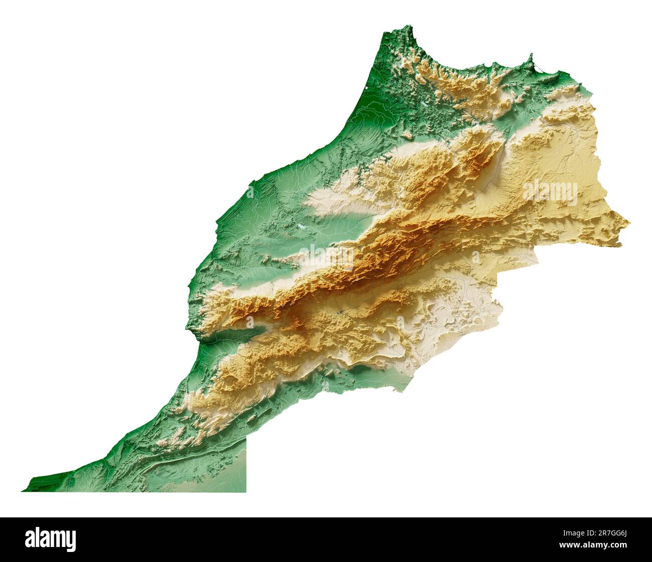 Maroc. Rendu détaillé en 3D d'une carte de relief ombrée avec des rivières et des lacs. Coloré par élévation. Arrière-plan blanc. Créé avec des données satellite. Banque D'Images