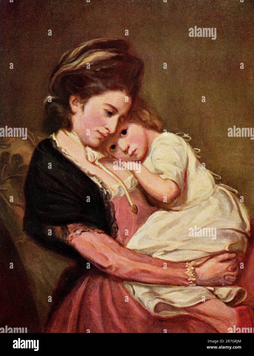 La légende du début des années 19a0s est la suivante : « Lady with a Child by George Romney. Les yeux bleu foncé de l'enfant contemplez le monde dans l'émerveillement répotent la pose est délicieusement naturelle. Le génie du design de Romney ne l’a jamais manqué quand son sujet était une fille, une mère et un enfant, ou un groupe d’enfants en jeu. George Romney (1734-1802) était un peintre de portrait anglais. Il était l'artiste le plus à la mode de son époque, peignant de nombreuses personnalités de la société, dont sa muse artistique, Emma Hamilton, maîtresse de Lord Nelson.' George Romney (1734-1802) était un peintre de portrait anglais. Il était le plus fashio Banque D'Images