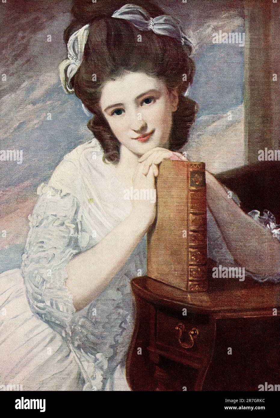 La légende du début de 1910s est la suivante : « miss Benedetta Ramus by George Romney. La plus jeune des belles filles de Ramus, qui est ensuite devenue Lady Day. Madame Benedetta des beaux yeux, qui languissent et scintillent comme si pleurer contre l'oubli, repose sa main sur un livre en révérie. Cette belle fille et sa sœur ont également été peintes par Gainsborough. Ce beau travail a malheureusement été détruit par le feu. » George Romney (1734-1802) était un peintre de portrait anglais. Il a été l'artiste le plus à la mode de son époque, peignant de nombreuses personnalités de la société – y compris sa muse artistique, Emma Hamilton, M. Banque D'Images