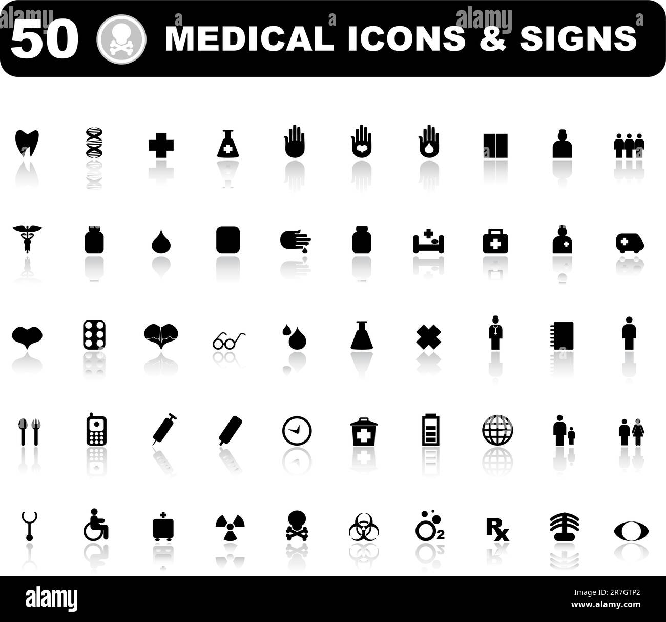Icônes médicales ensemble de 50 icônes médicales pour les applications Web. Bouton médical Web et signes d'avertissement. arrière-plan noir et blanc Illustration de Vecteur
