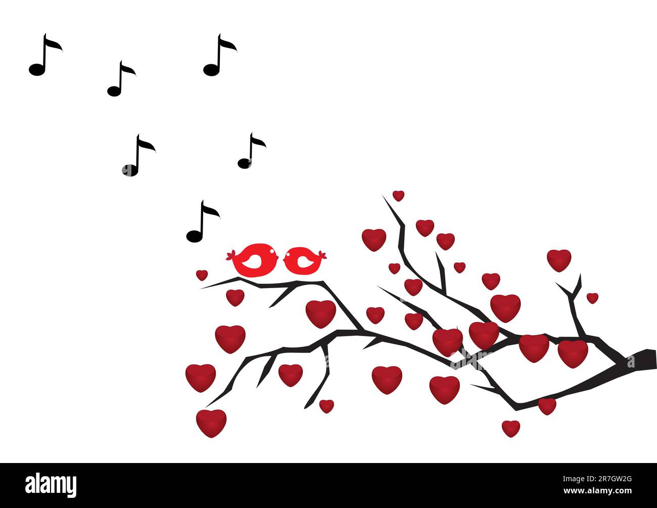 illustration vectorielle de la branche d'amour avec des oiseaux et des notes musicales Illustration de Vecteur