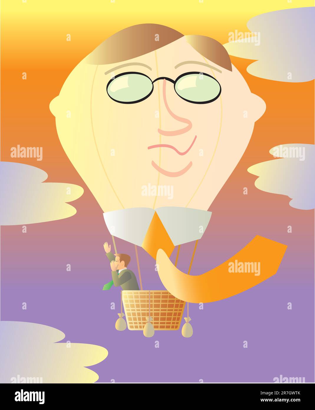 Un ballon d'air chaud en forme de tête d'un homme d'affaires avec un homme dans le panier qui est paniqué et qui dérive sans but. Illustration de Vecteur