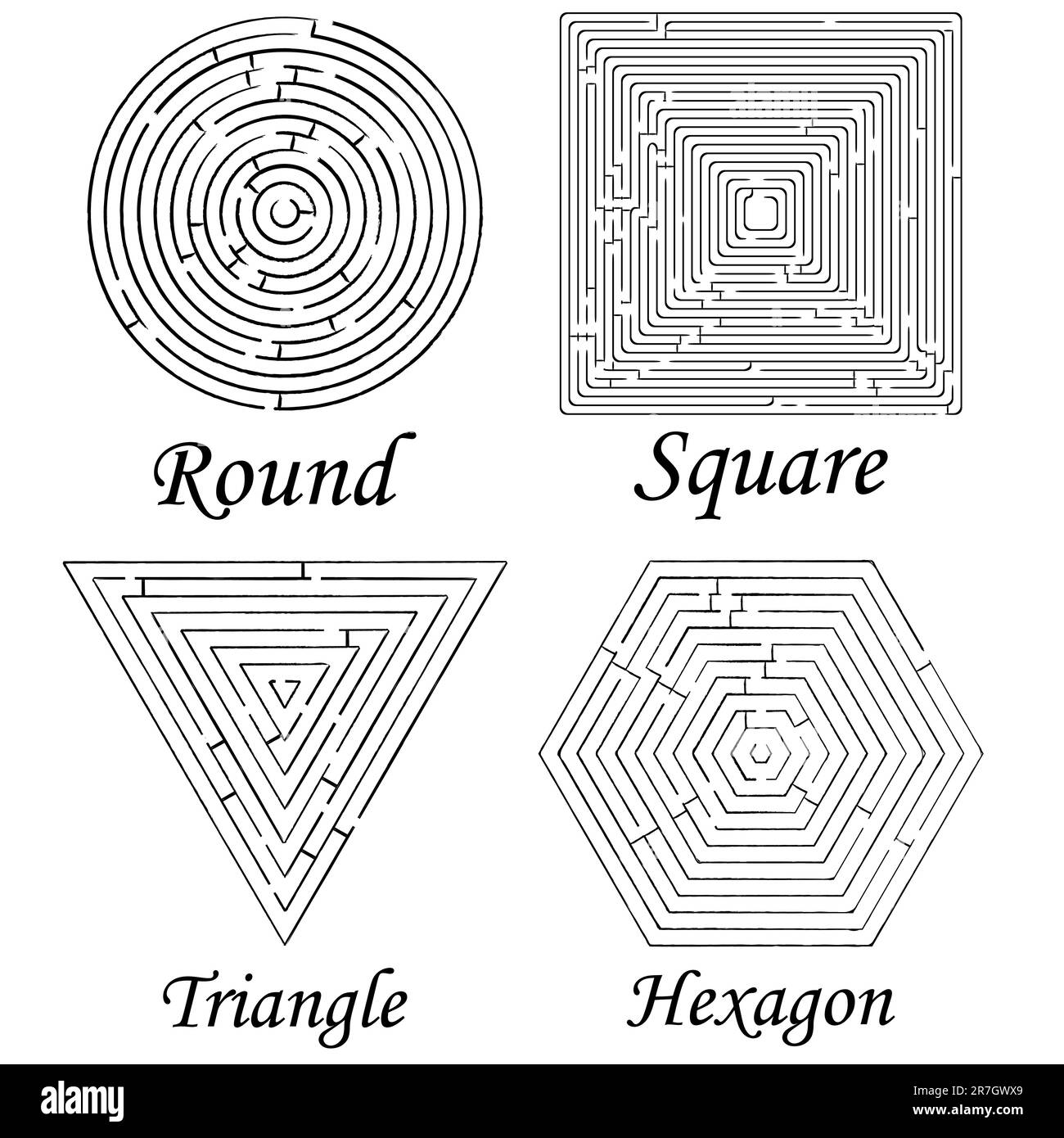 quatre labyrinthes des formes sur fond blanc, illustration vectorielle abstraite Illustration de Vecteur