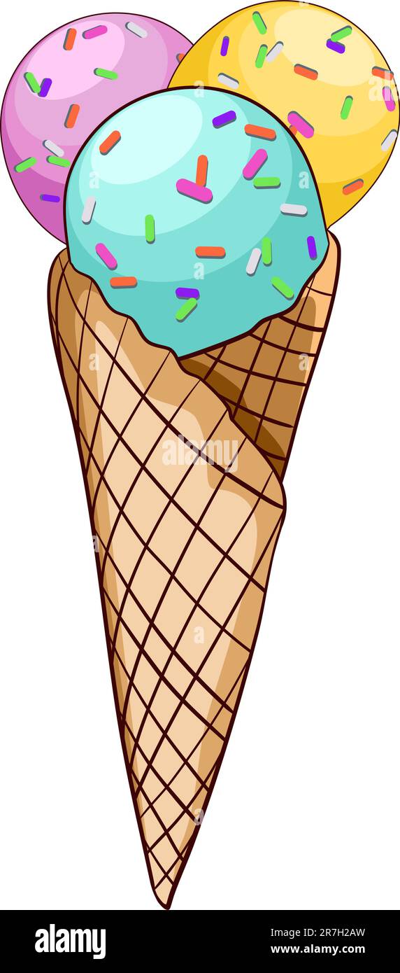 Cône de crème glacée avec boules multicolores. Illustration vectorielle de dessin animé. Illustration de Vecteur