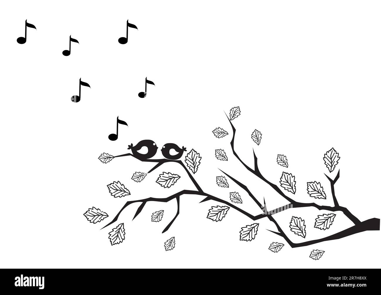 illustration vectorielle de la branche d'amour avec des oiseaux noirs et des notes musicales Illustration de Vecteur