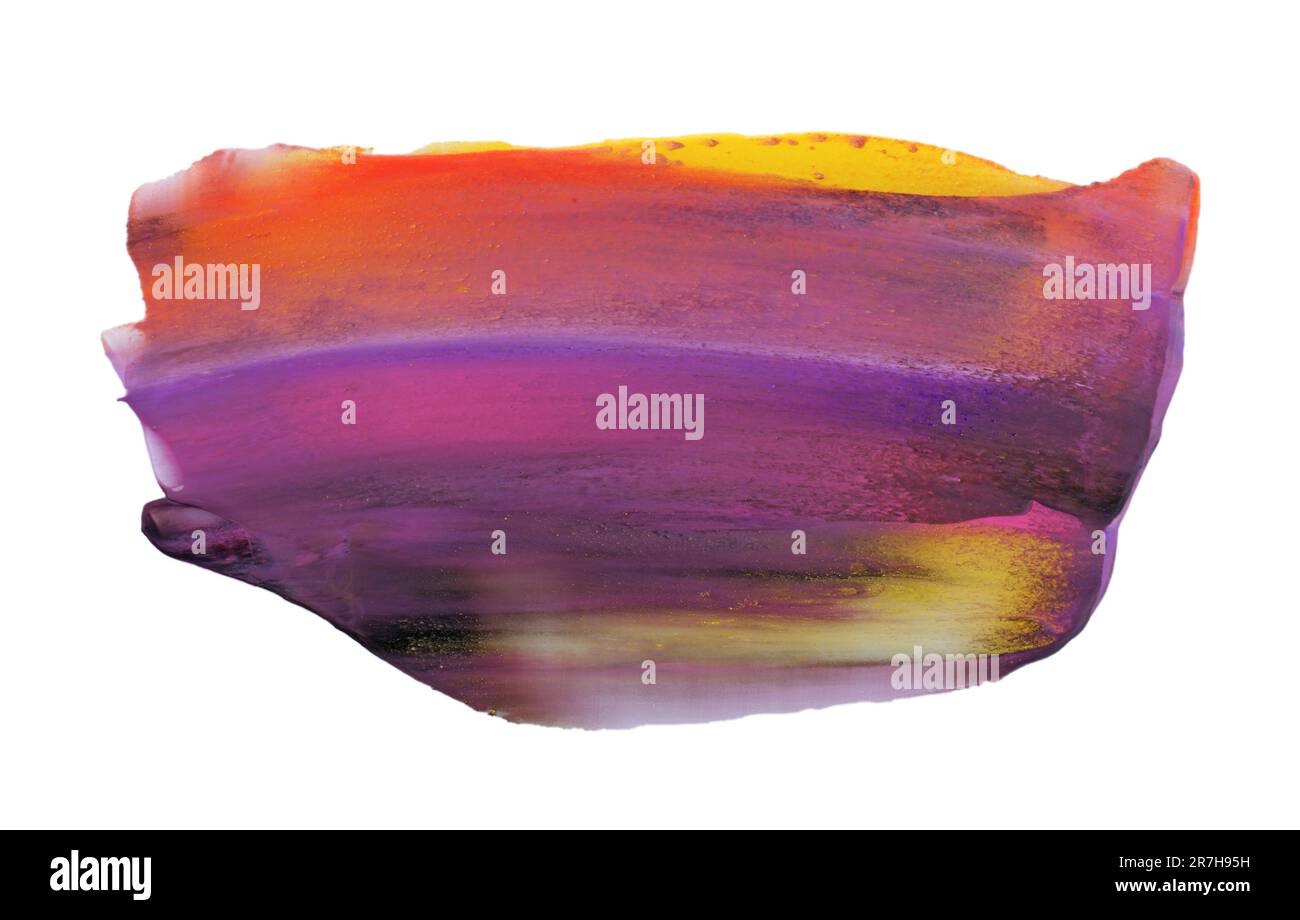 Échantillons de peinture au caméléon rose, orange, jaune et violet sur fond blanc, vue de dessus Banque D'Images