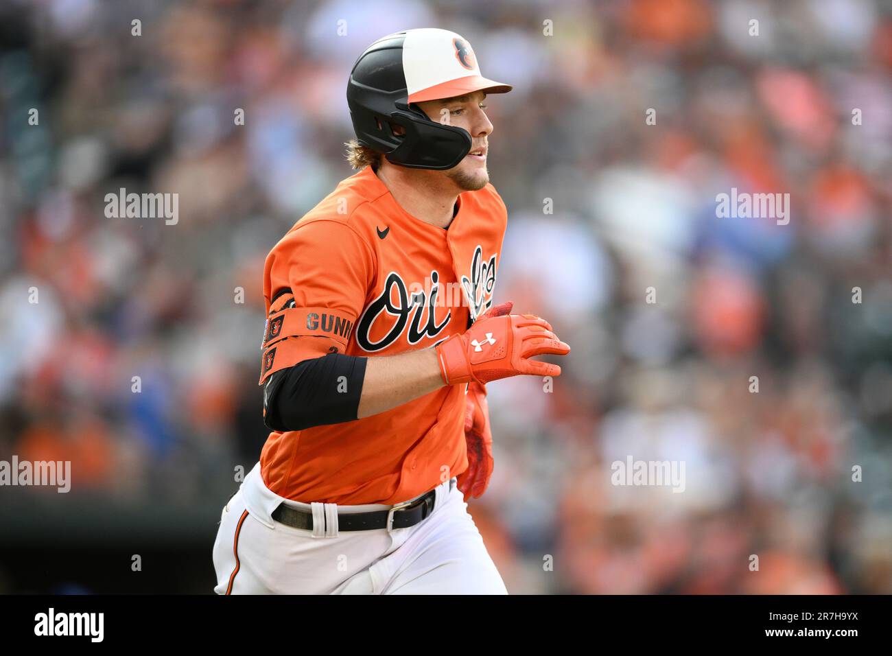 Baltimore Orioles' Gunnar Henderson in action during a baseball game against the Kansas City Royals, Saturday, June 10, 2023, in Baltimore. The Orioles won 6-1. (AP Photo/Nick Wass) Banque D'Images
