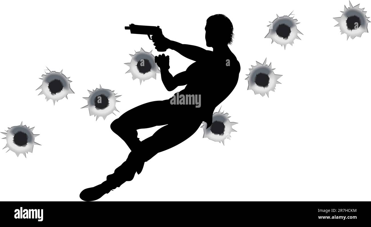 Action hero sautant à travers l'air et en film pistolet style lutte séquence d'actions. Avec trous de balle. Illustration de Vecteur