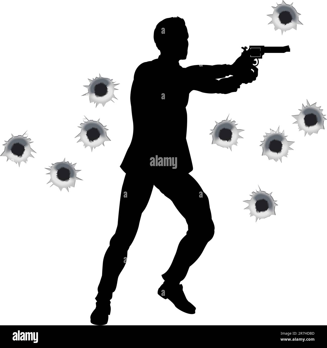 Action Hero et permanent en film shoot out style séquence d'action. Avec trous de balle. Illustration de Vecteur