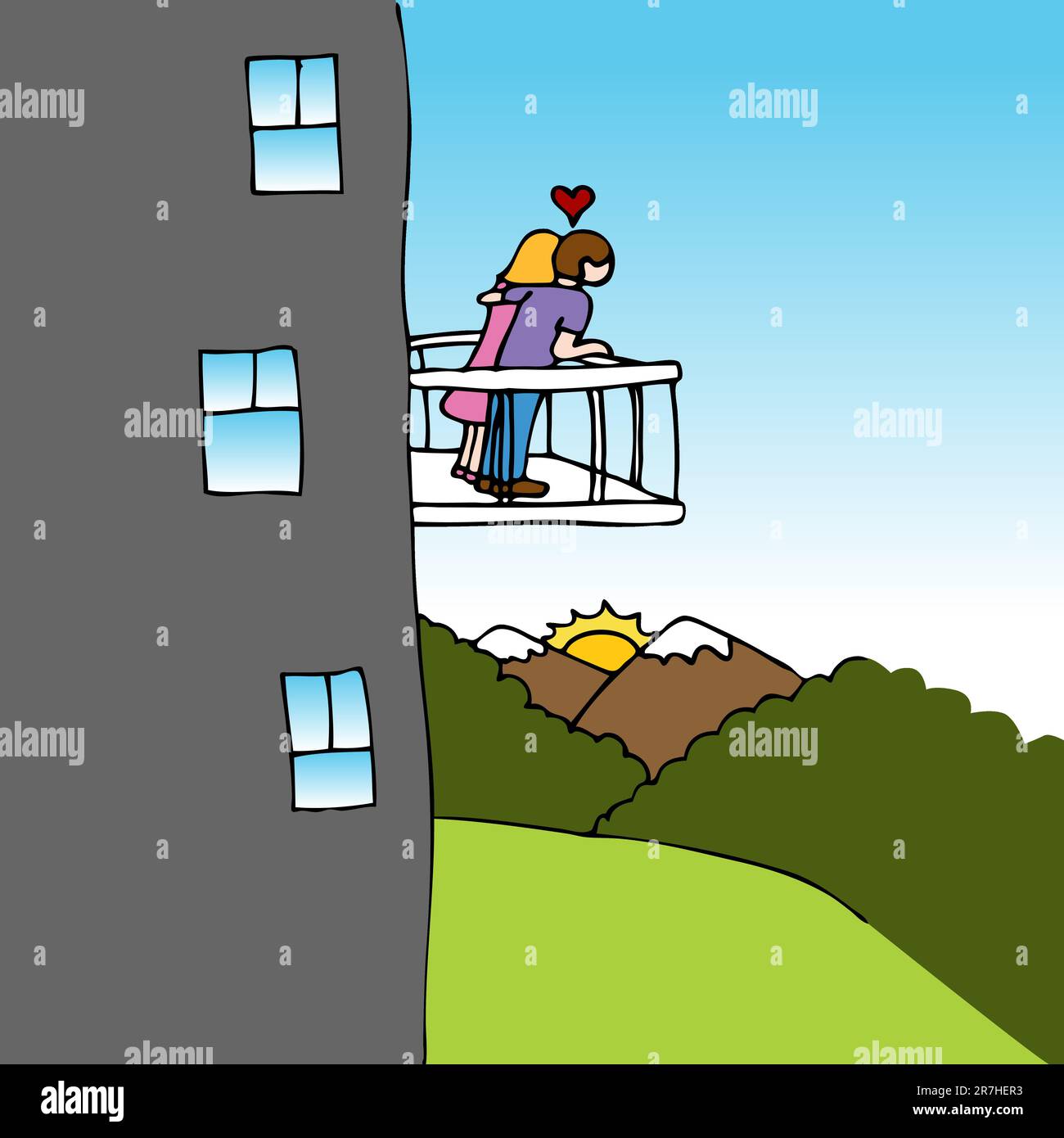 Une image d'un couple dans l'amour sur un balcon donnant sur la vue. Illustration de Vecteur