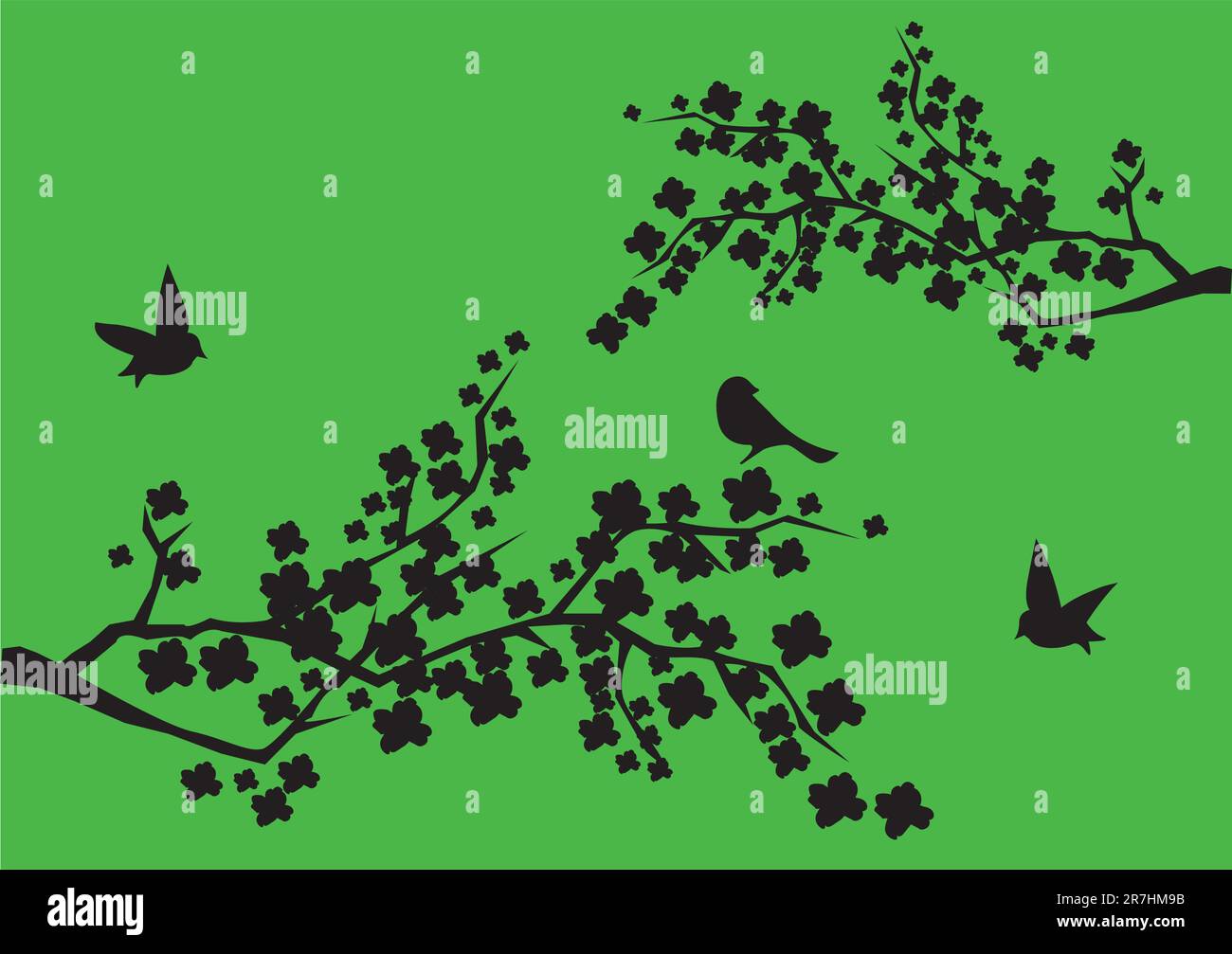 illustration vectorielle de branches de fleurs avec des oiseaux Illustration de Vecteur
