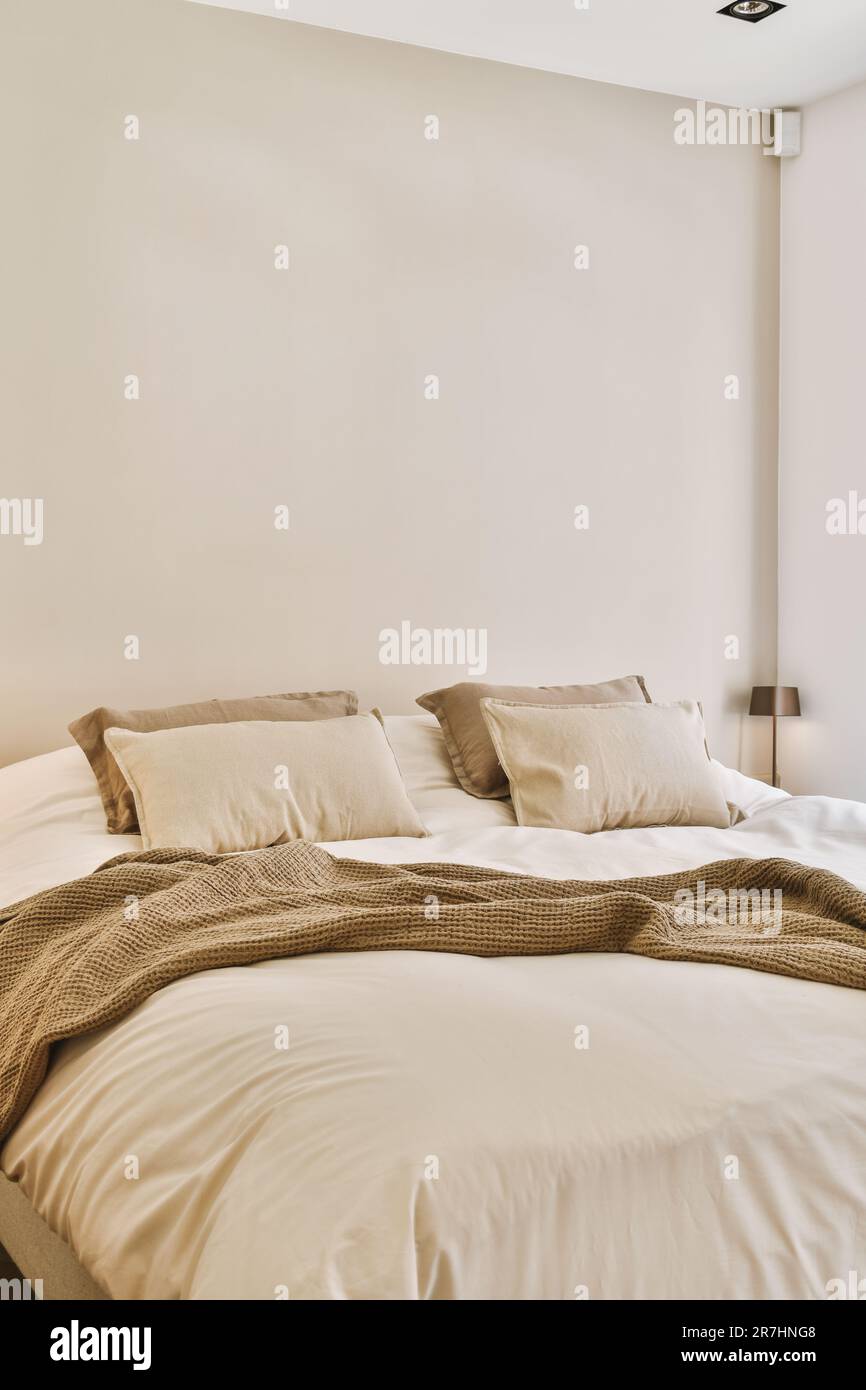 un lit avec des oreillers et des couvertures dans une chambre qui a des murs blancs, du parquet et de grandes fenêtres Banque D'Images
