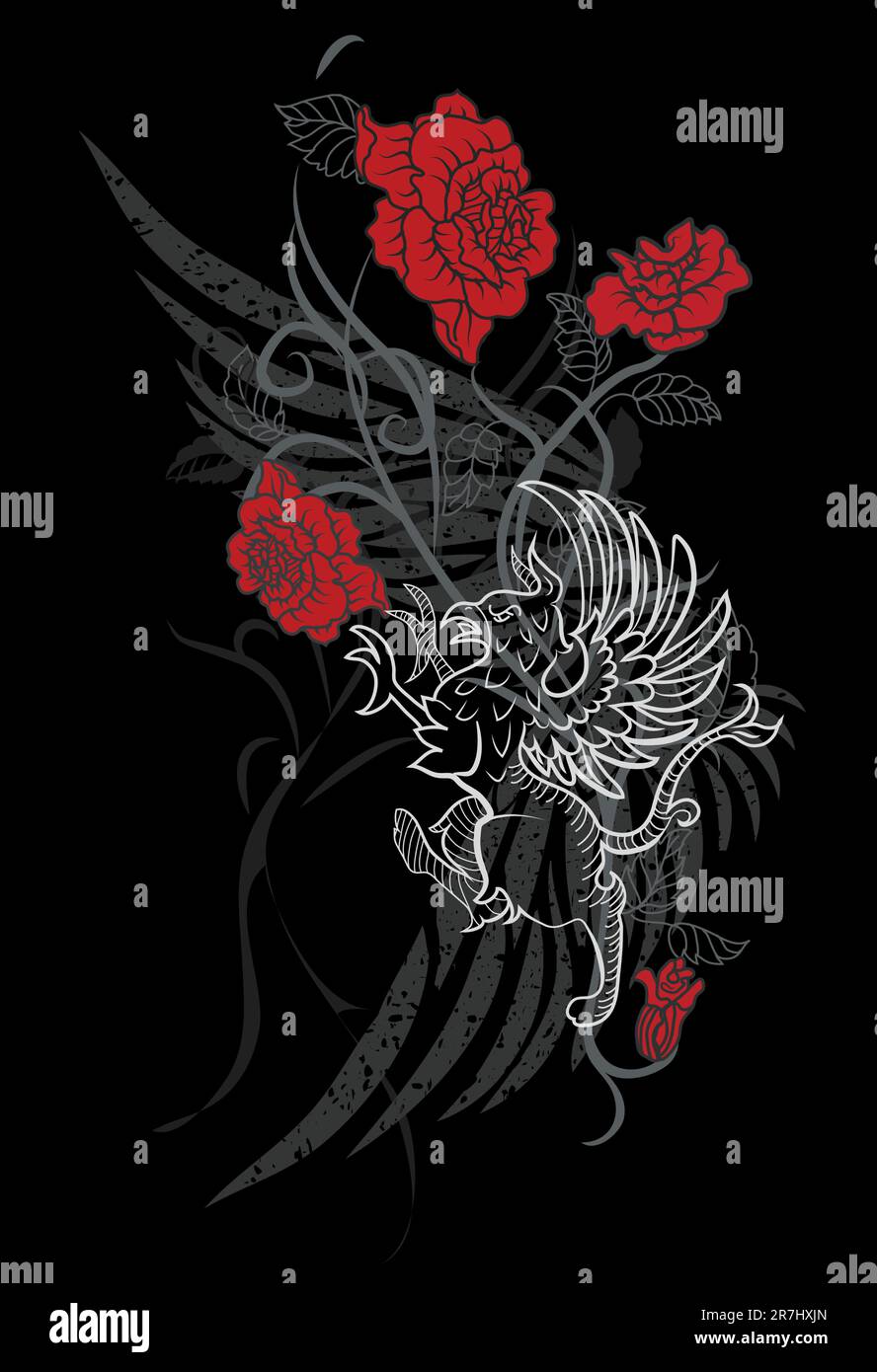 Design fantaisie avec gryphon et roses sur fond noir Illustration de Vecteur