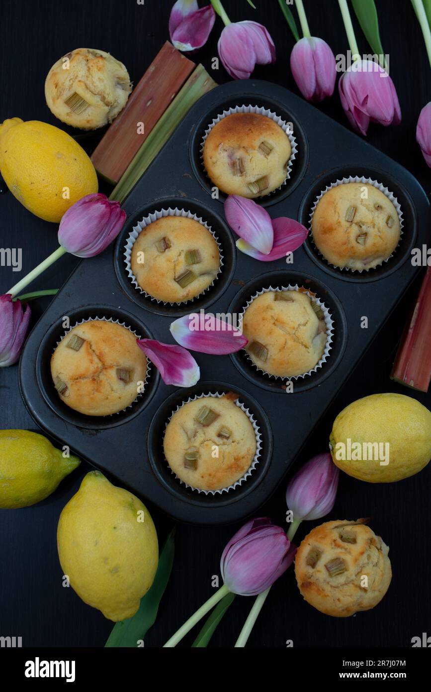 muffins au citron et à la rhubarbe avec tulipes Banque D'Images