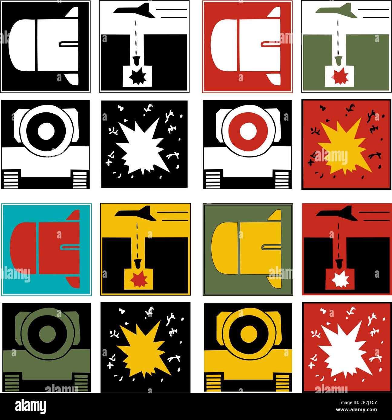 Variantes de quatre logos sur le thème de la guerre avec une bombe, une frappe aérienne, la mort civile et un char Illustration de Vecteur