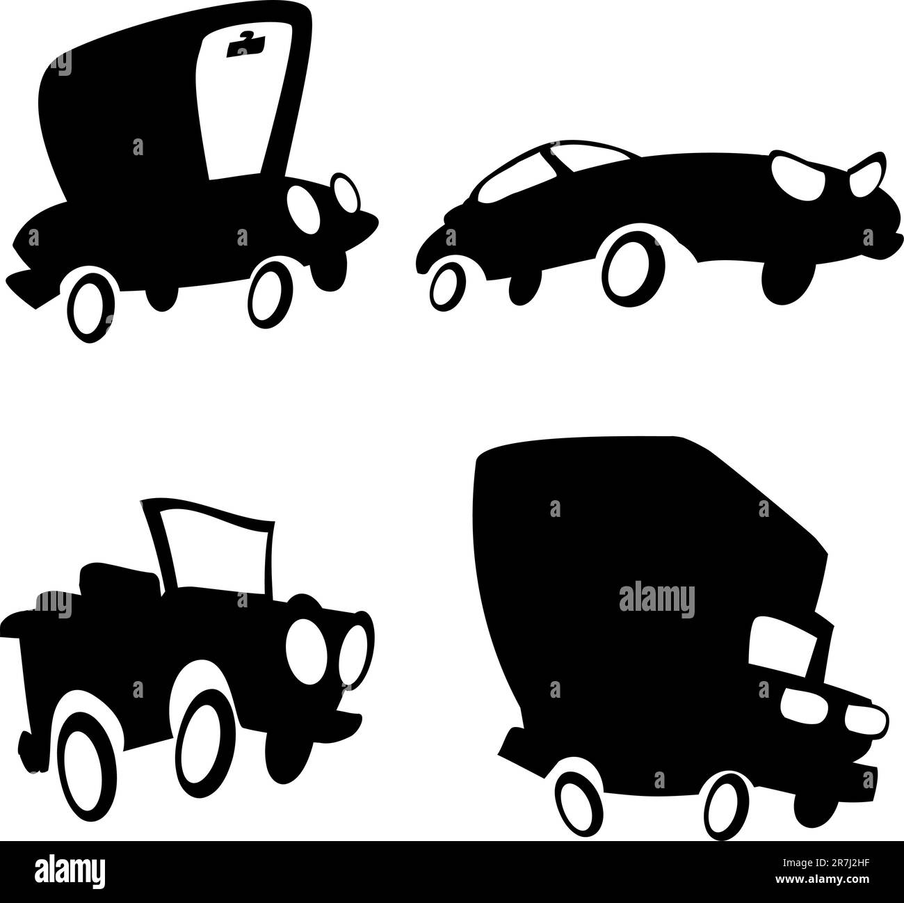 Ensemble de voitures de dessin animé en silhouette. Un camion, une jeep, une berline et une voiture de sport Illustration de Vecteur