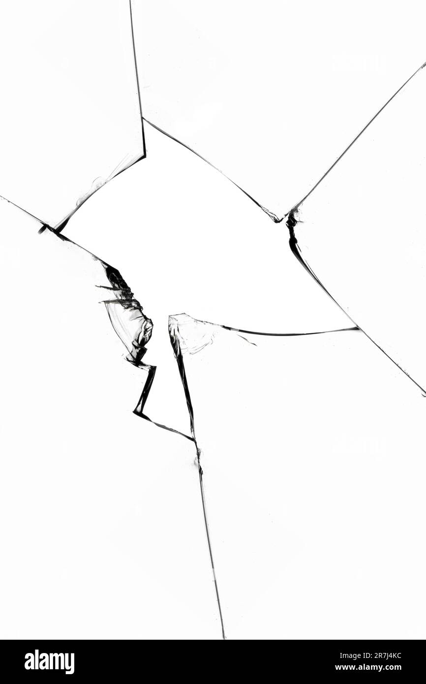 Texture craquelée sur fond blanc en verre cassé. Banque D'Images