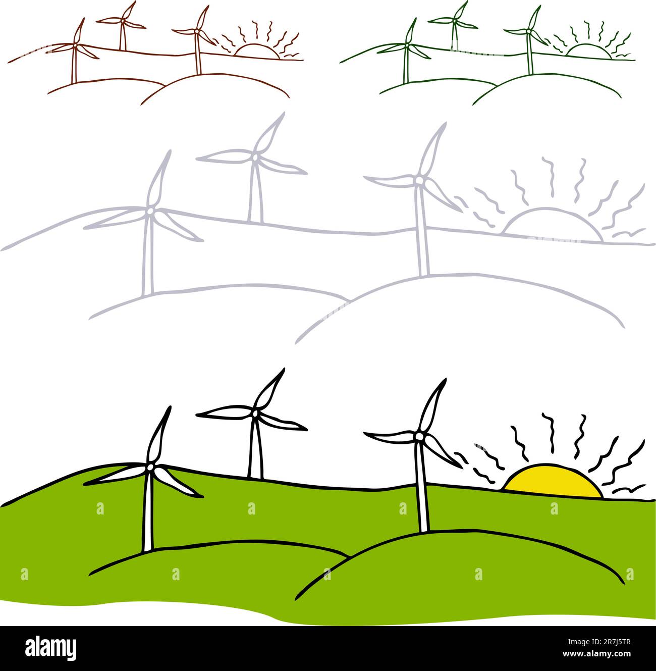 L'image d'une éolienne dans un champ avec le soleil couchant. Illustration de Vecteur