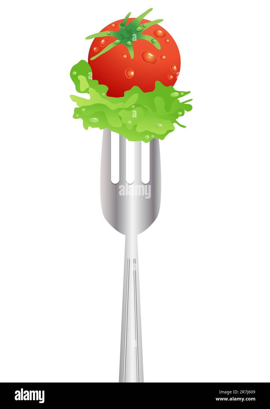 image vectorielle de la tomate rouge fraîche et de la salade sur une fourchette sur fond blanc Illustration de Vecteur