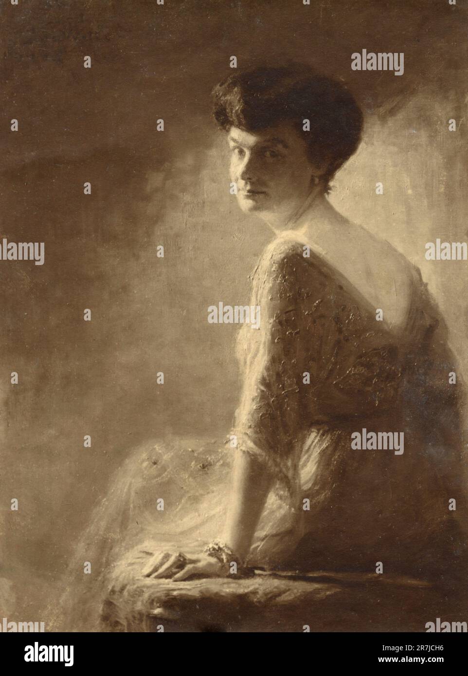 Femme d'âge moyen avec des cheveux courts assis, peinture par un artiste non identifié, 1910s Banque D'Images