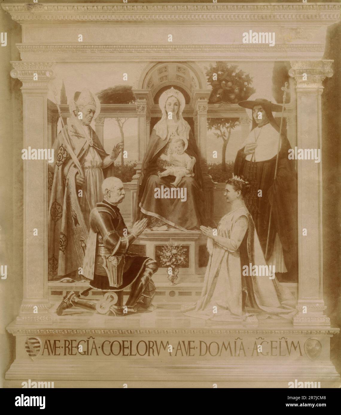 Roi d'Italie Umberto I Savoy et la reine Margherita avec la Madonna, un pape et une nonne dans un tableau d'un artiste non identifié, 1900s Banque D'Images