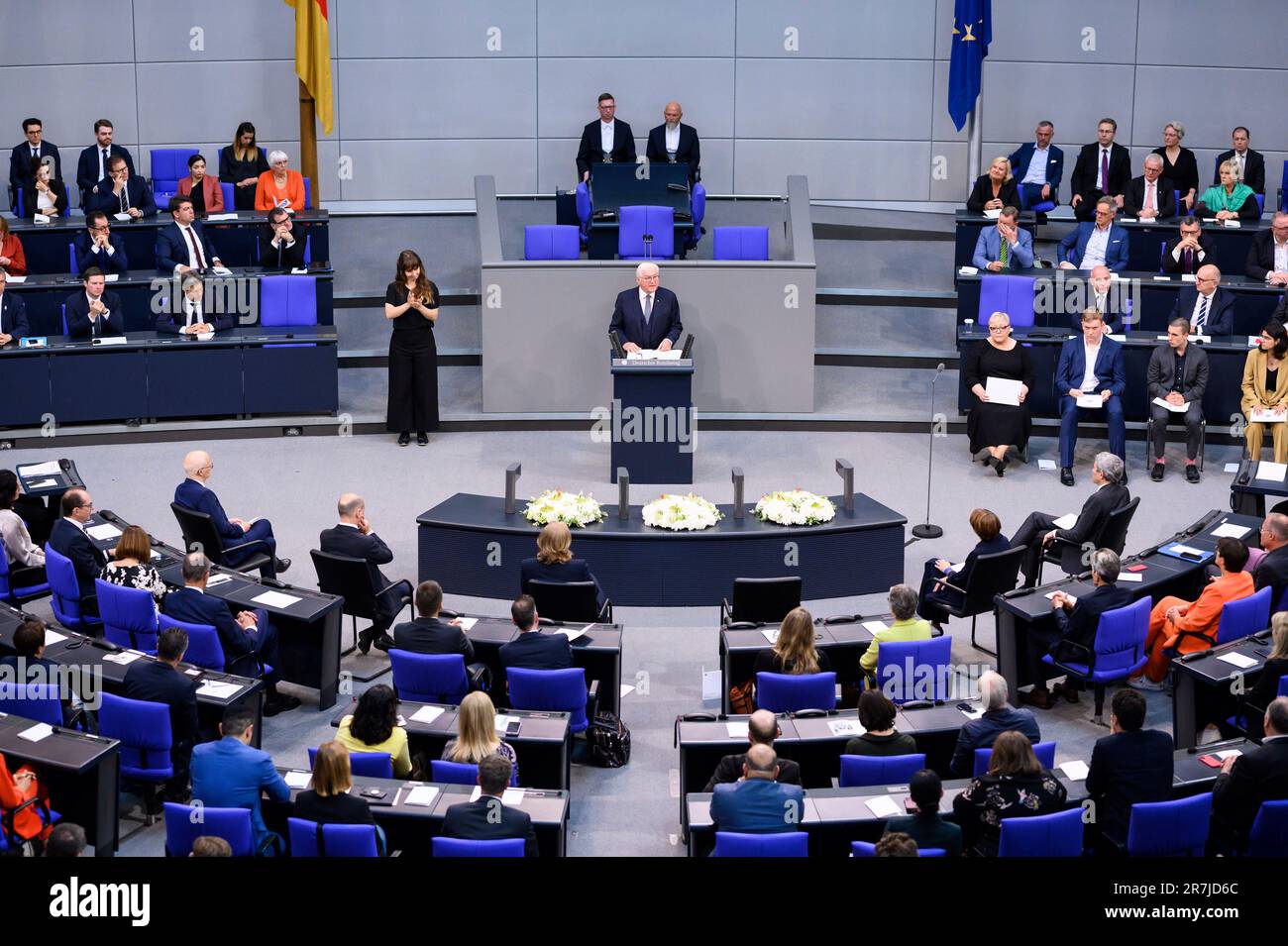 German President Frank-Walter Steinmeier speaks during a commemoration of the 70th anniversary of the popular uprising in the GDR, in the German Bundestag in Berlin, Friday June 17, 2023. Germany's parliament on Friday commemorated the 70th anniversary of a popular uprising in the communist east that was brutally crushed by the Soviet-backed dictatorship. (Bernd von Jutrczenka/dpa via AP) Banque D'Images
